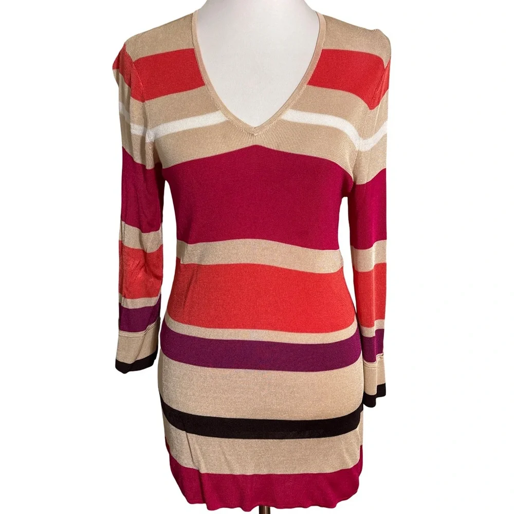 Chico's Red Tan Purple Striped V Neck Sweater Size 2